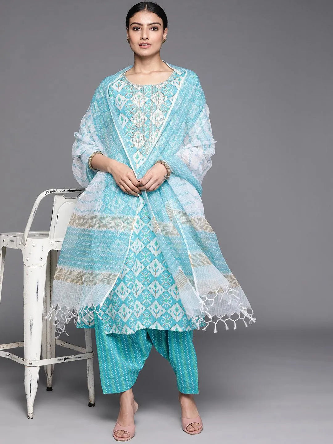 Blue Printed Cotton Suit Set - Libas 