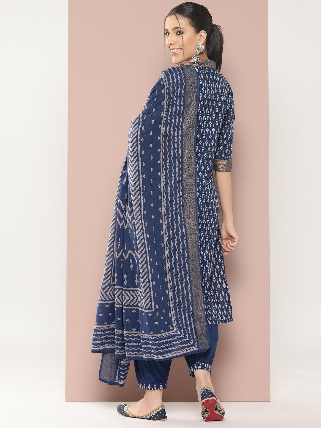 Blue Printed Cotton Straight Kurta With Salwar & Dupatta - Libas