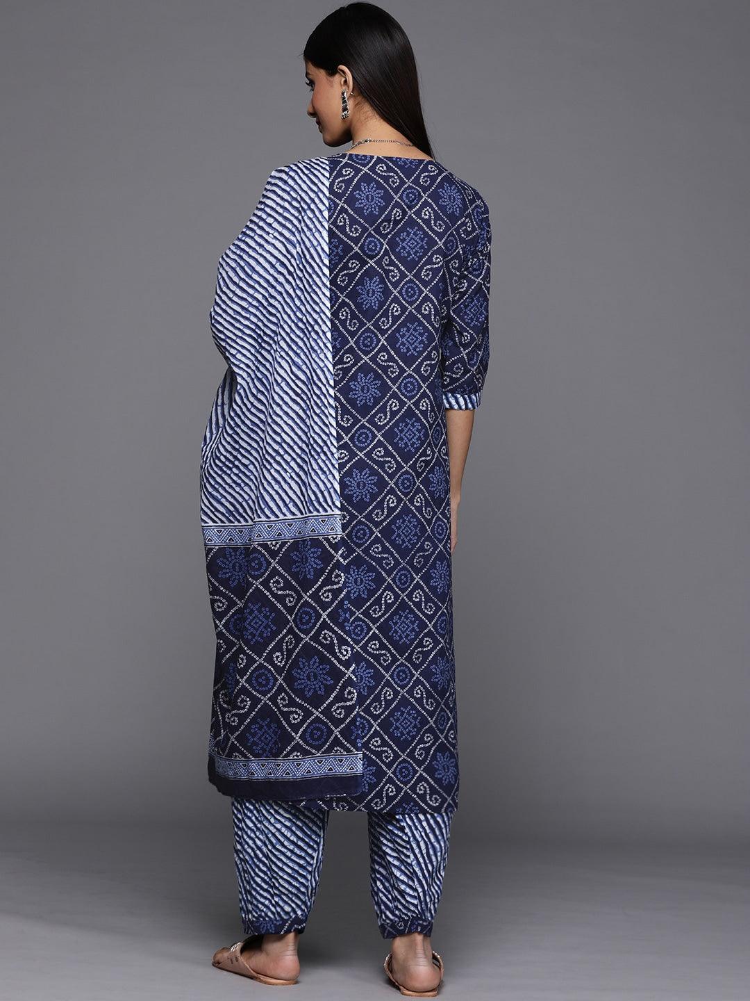 Blue Printed Cotton Straight Kurta With Salwar & Dupatta
