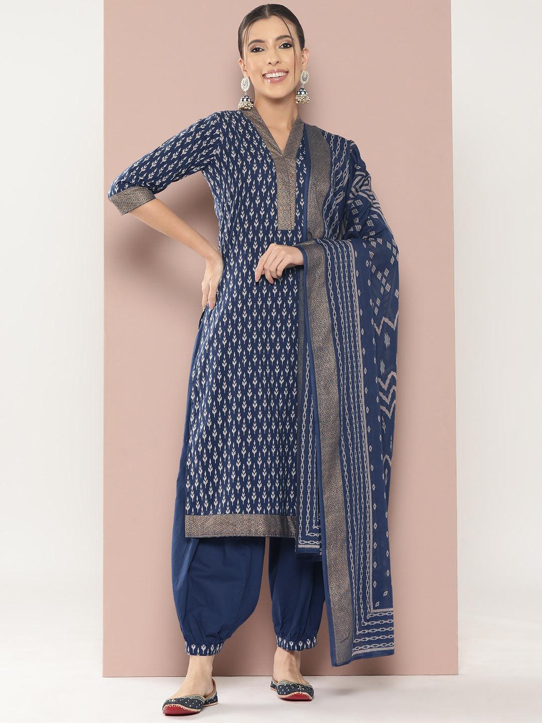 Blue Printed Cotton Straight Kurta With Salwar & Dupatta - Libas