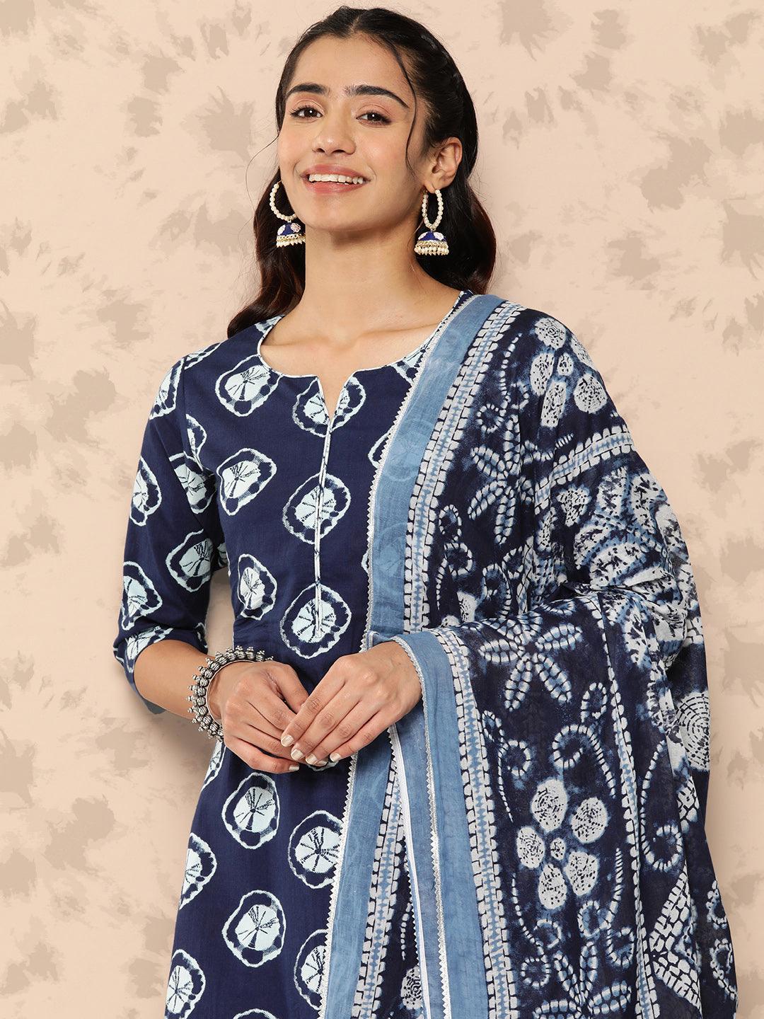 Blue Printed Cotton Straight Kurta With Salwar & Dupatta - Libas