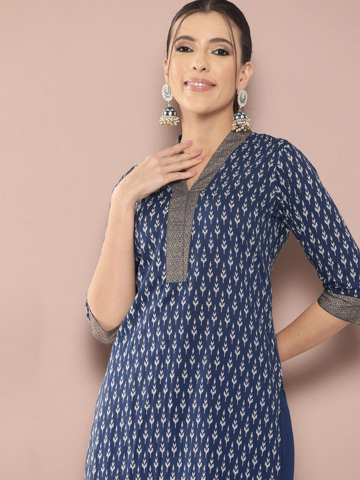 Blue Printed Cotton Straight Kurta With Salwar & Dupatta - Libas