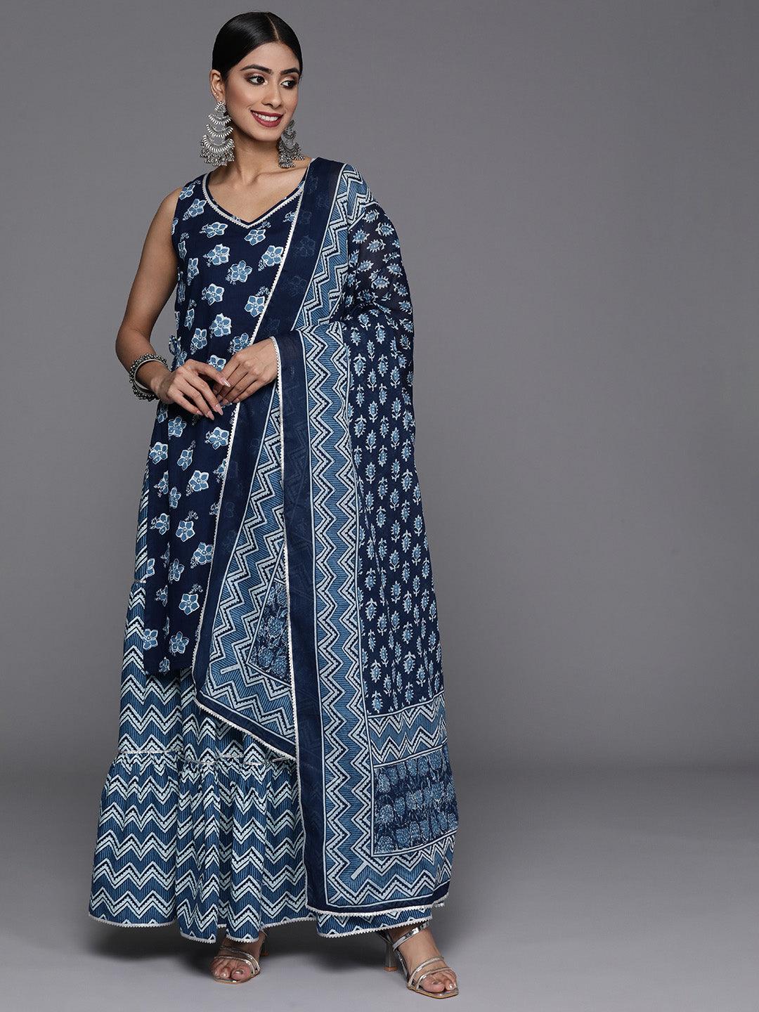 Blue Printed Cotton Straight Kurta With Sharara & Dupatta - Libas 