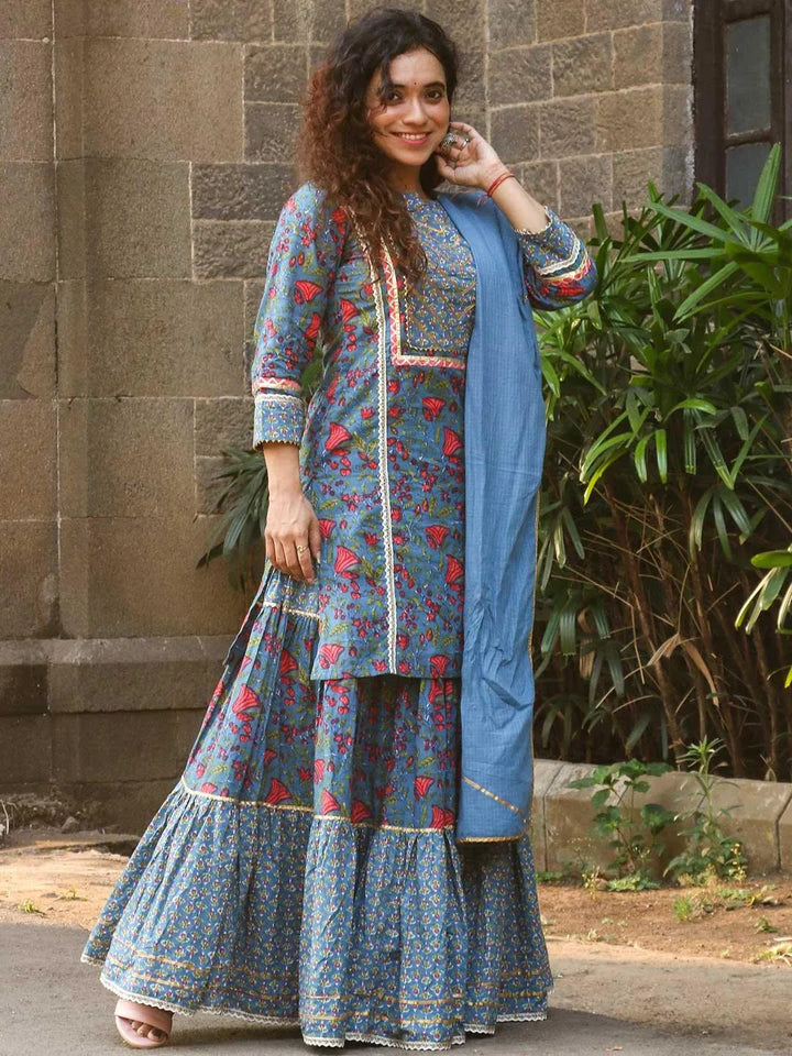 Blue Printed Cotton Suit Set - Libas