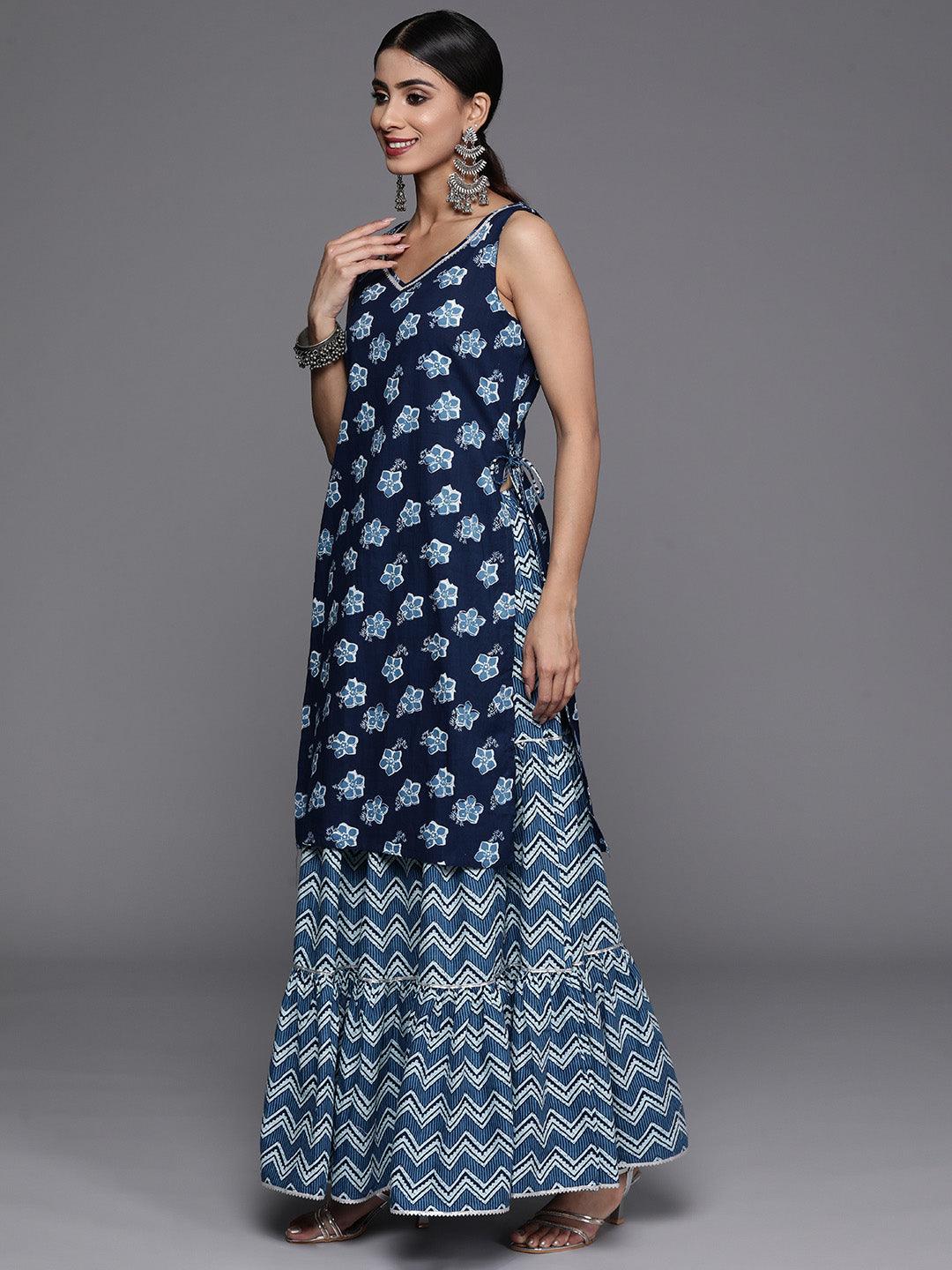 Blue Printed Cotton Straight Kurta With Sharara & Dupatta - Libas