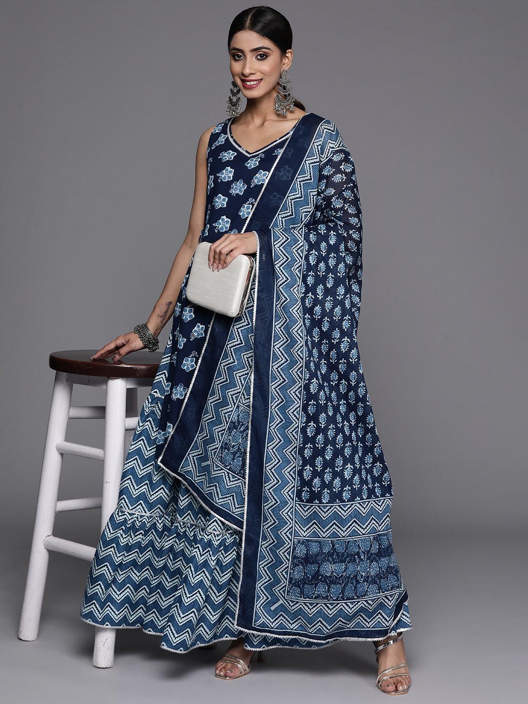 Blue Printed Cotton Straight Kurta With Sharara & Dupatta - Libas 