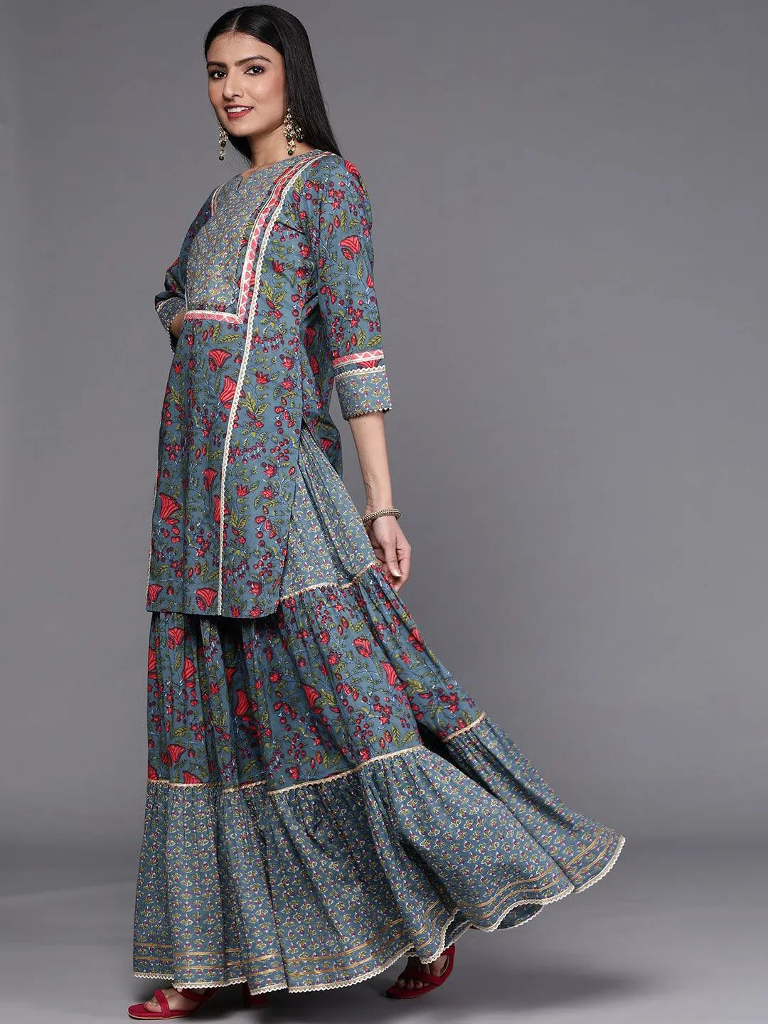 Blue Printed Cotton Suit Set - Libas 