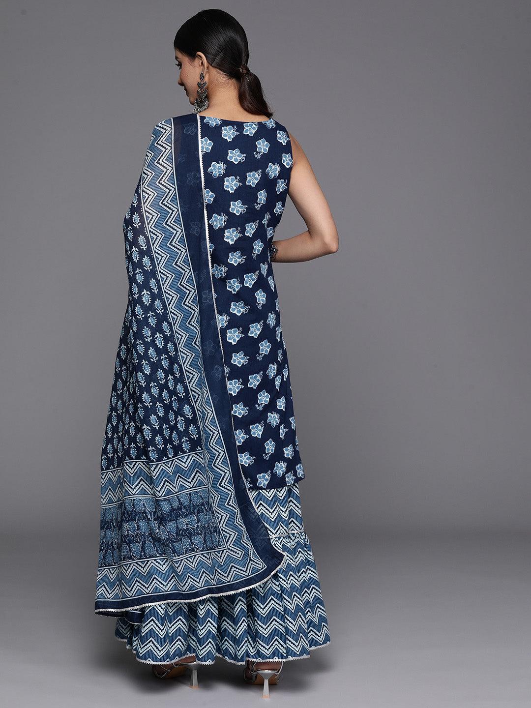 Blue Printed Cotton Straight Kurta With Sharara & Dupatta - Libas 