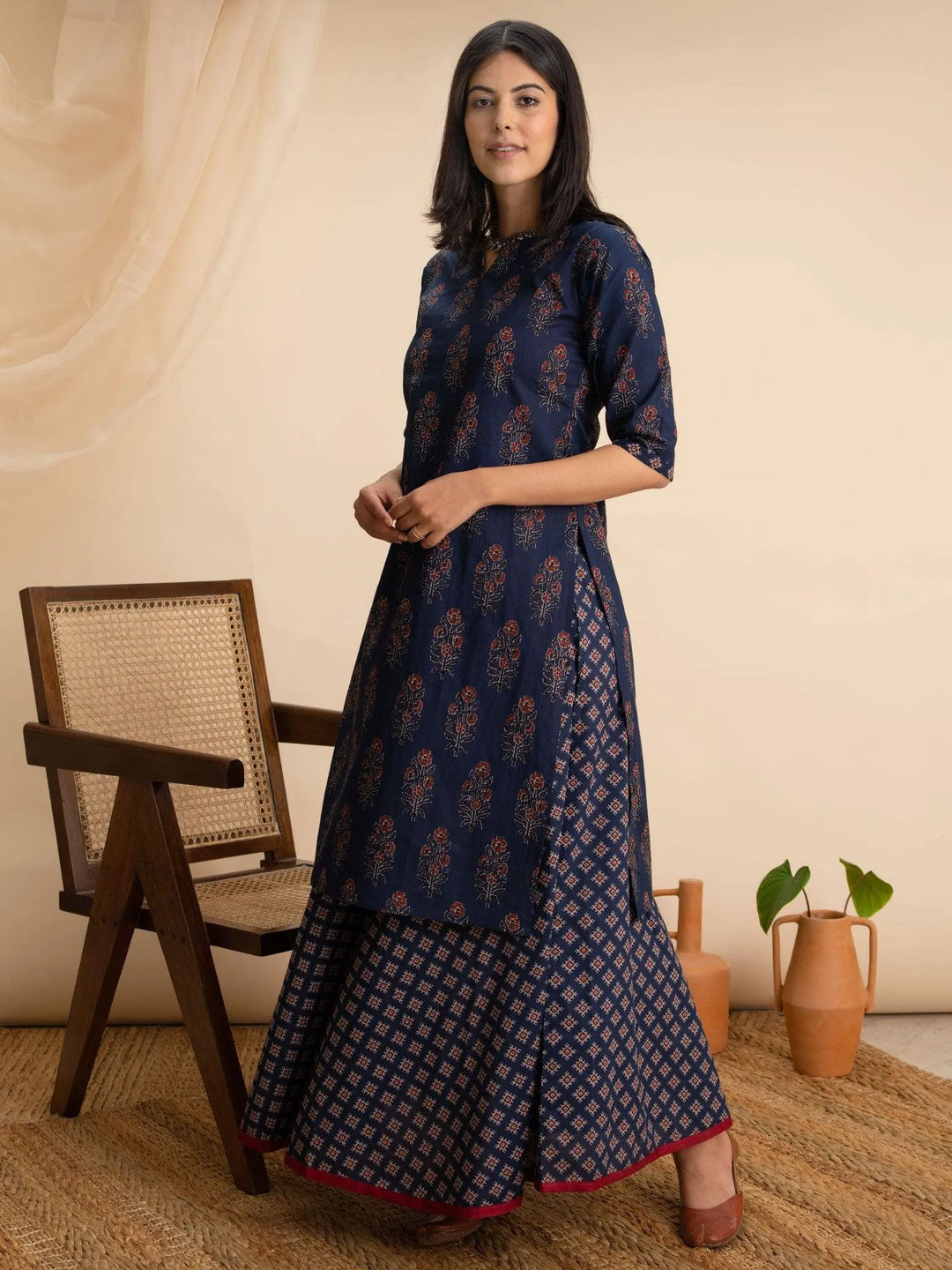 Blue Printed Cotton Kurta Set - Libas 