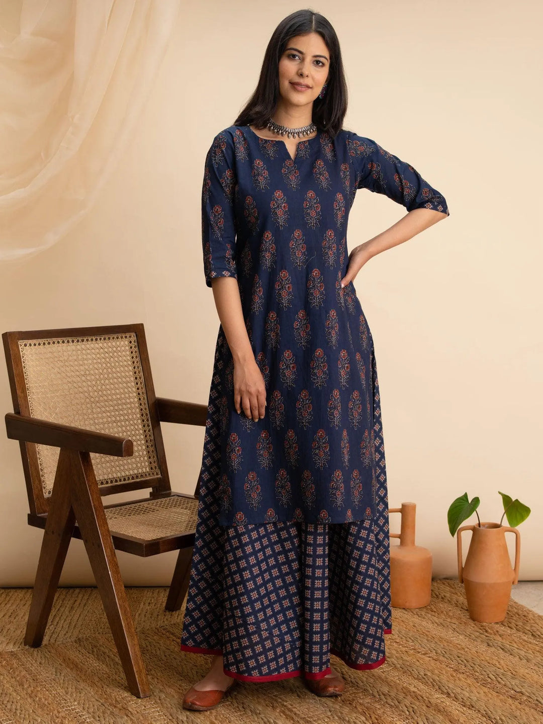 Blue Printed Cotton Kurta Set - Libas 