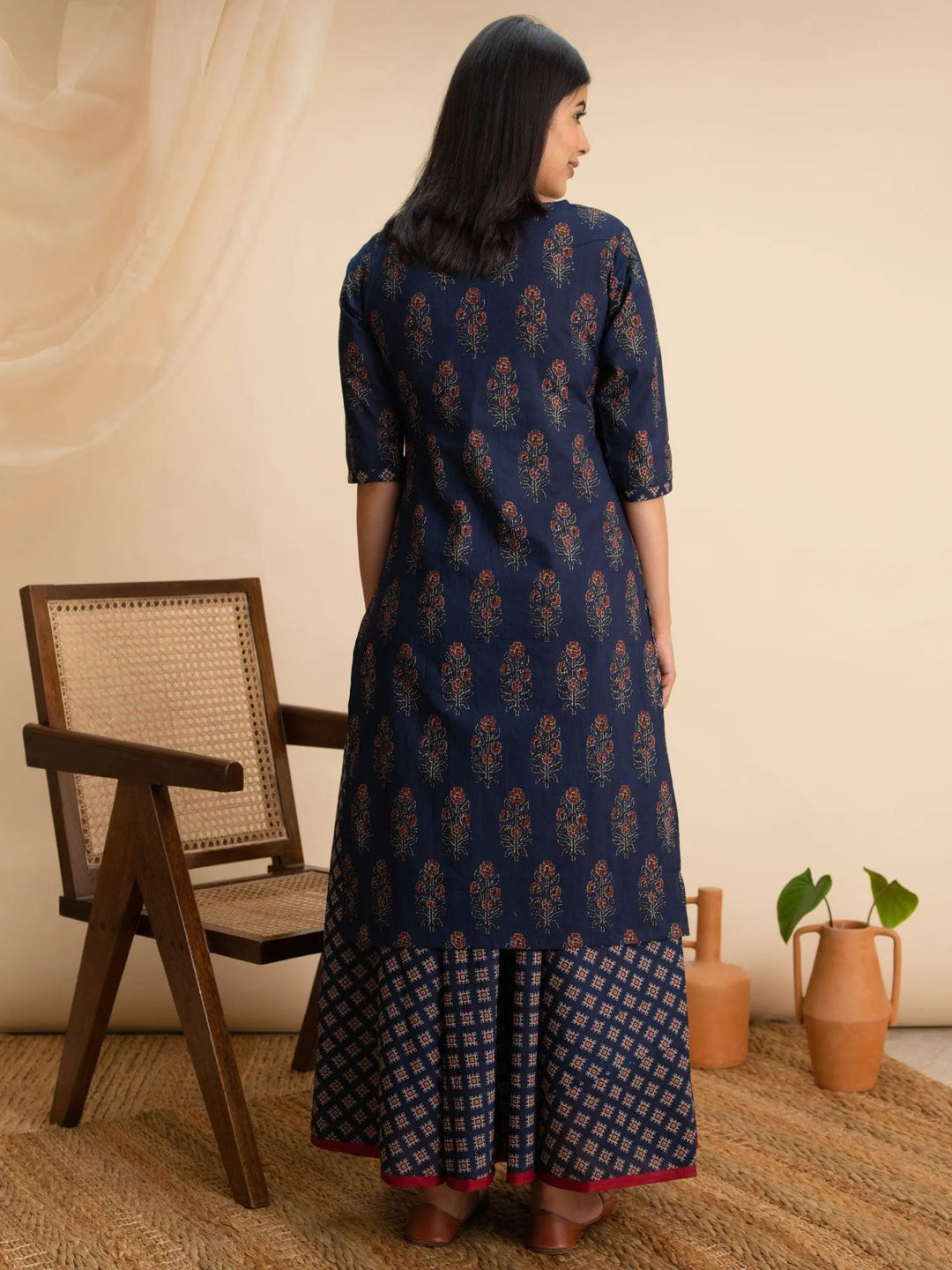 Blue Printed Cotton Kurta Set - Libas 