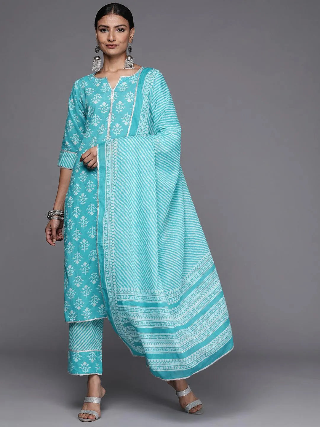 Blue Printed Cotton Straight Suit Set - Libas 