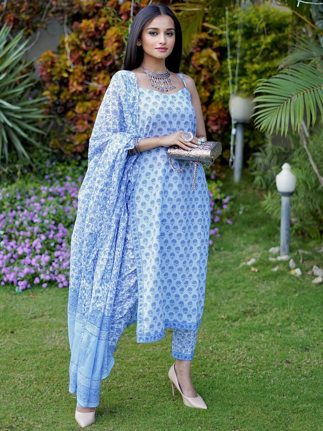 Blue Printed Cotton Straight Suit Set With Trousers - Libas 