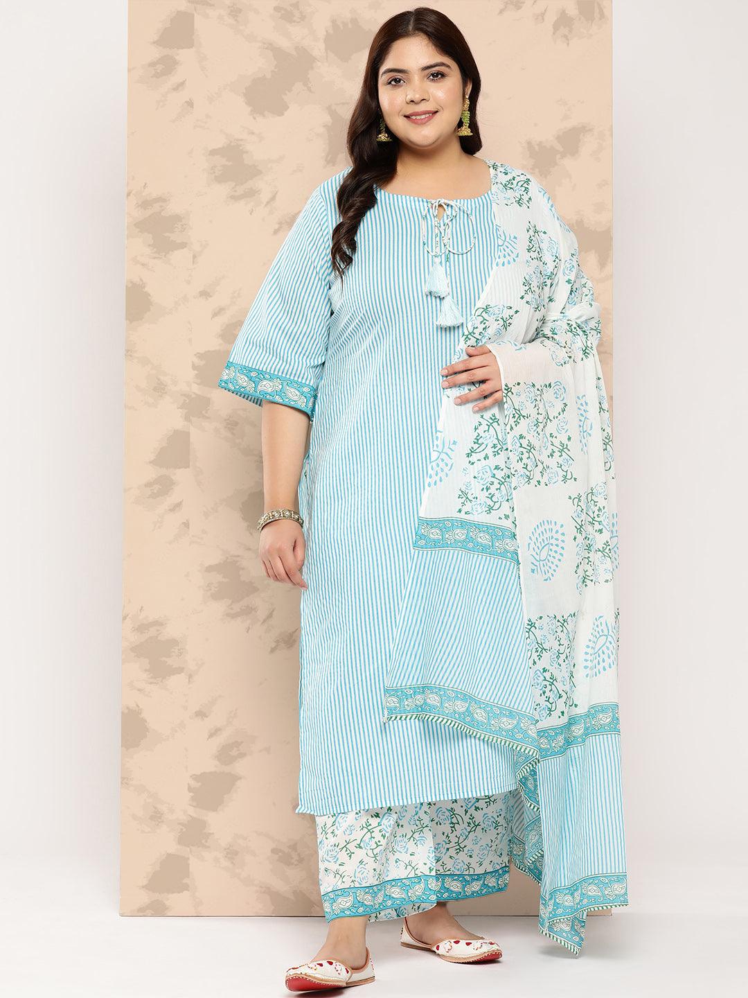 Blue Printed Cotton Straight Kurta With Trousers and Dupatta - Libas