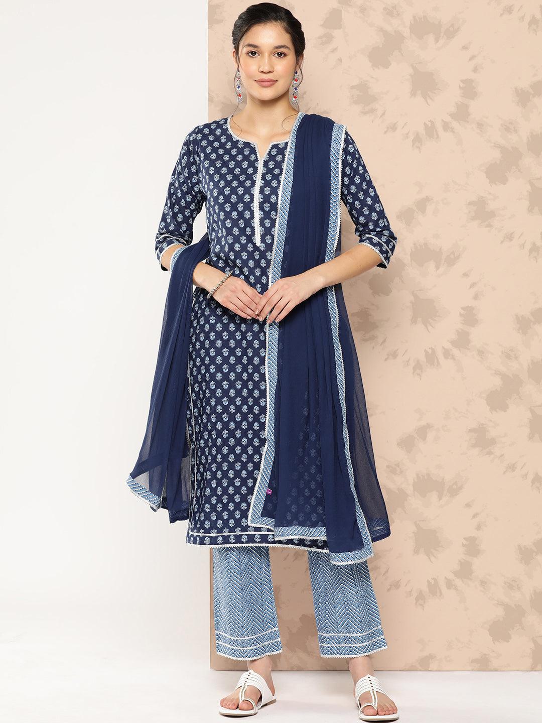 Blue Printed Cotton Straight Kurta With Trousers and Dupatta - Libas