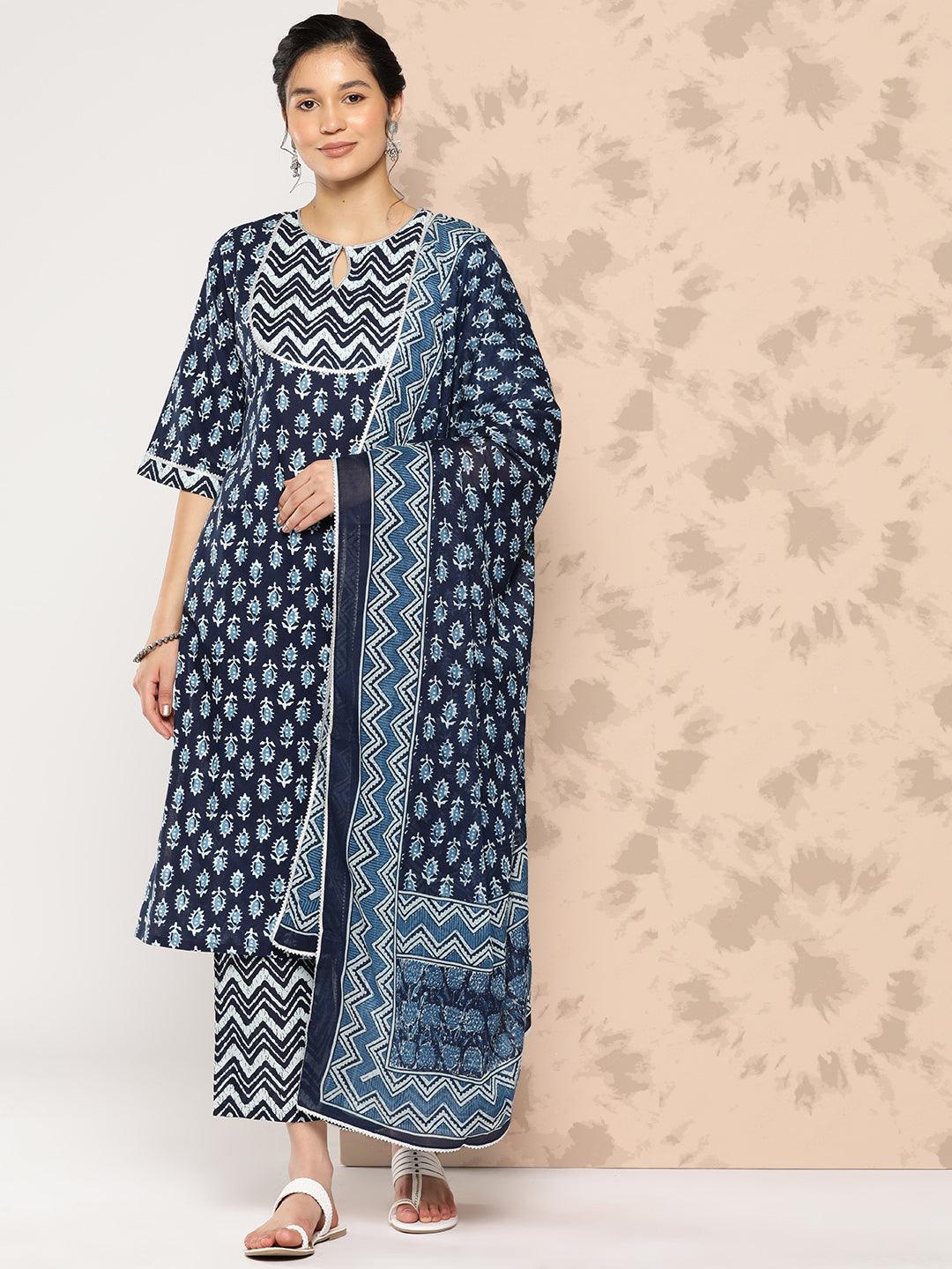 Blue Printed Cotton Straight Kurta With Trousers and Dupatta - Libas