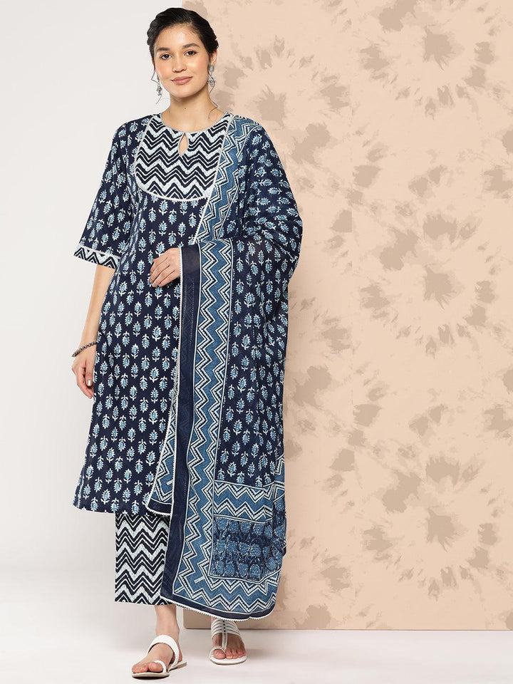 Blue Printed Cotton Straight Kurta With Trousers and Dupatta - Libas