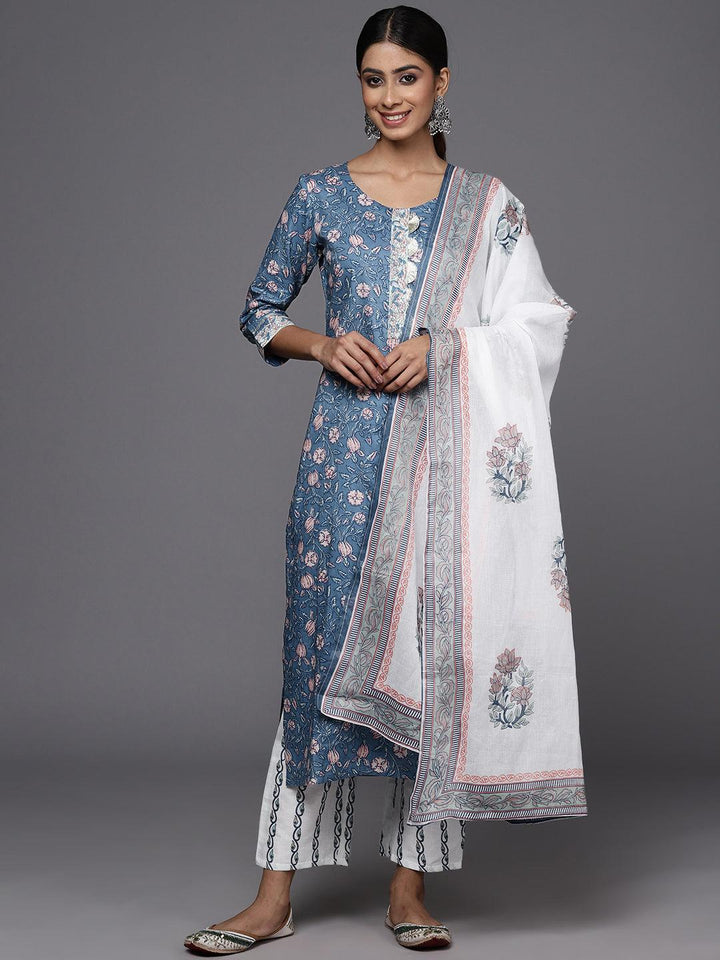 Blue Printed Cotton Straight Kurta With Trousers & Dupatta - Libas