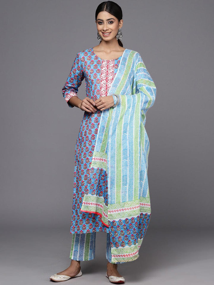 Blue Printed Cotton Straight Kurta With Trousers & Dupatta - Libas