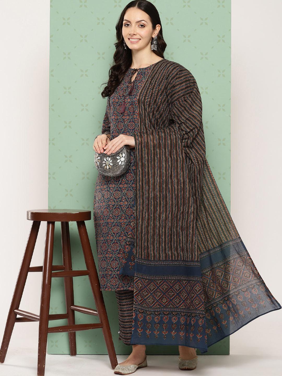 Blue Printed Cotton Straight Kurta With Trousers & Dupatta - Libas