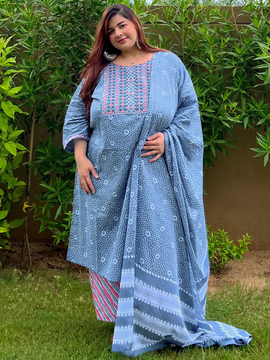 Blue Printed Cotton Straight Kurta With Trousers and Dupatta - Libas