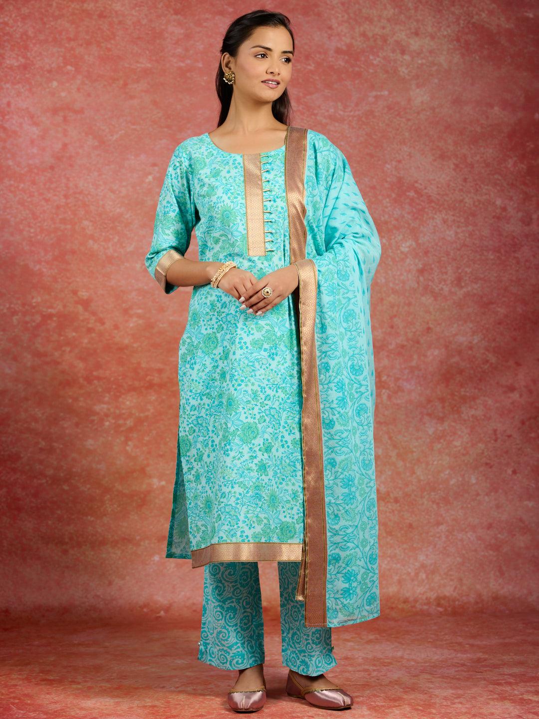 Blue Printed Cotton Straight Kurta With Trousers & Dupatta - Libas