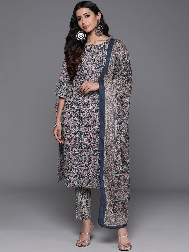 Blue Printed Cotton Straight Suit With Dupatta - Libas