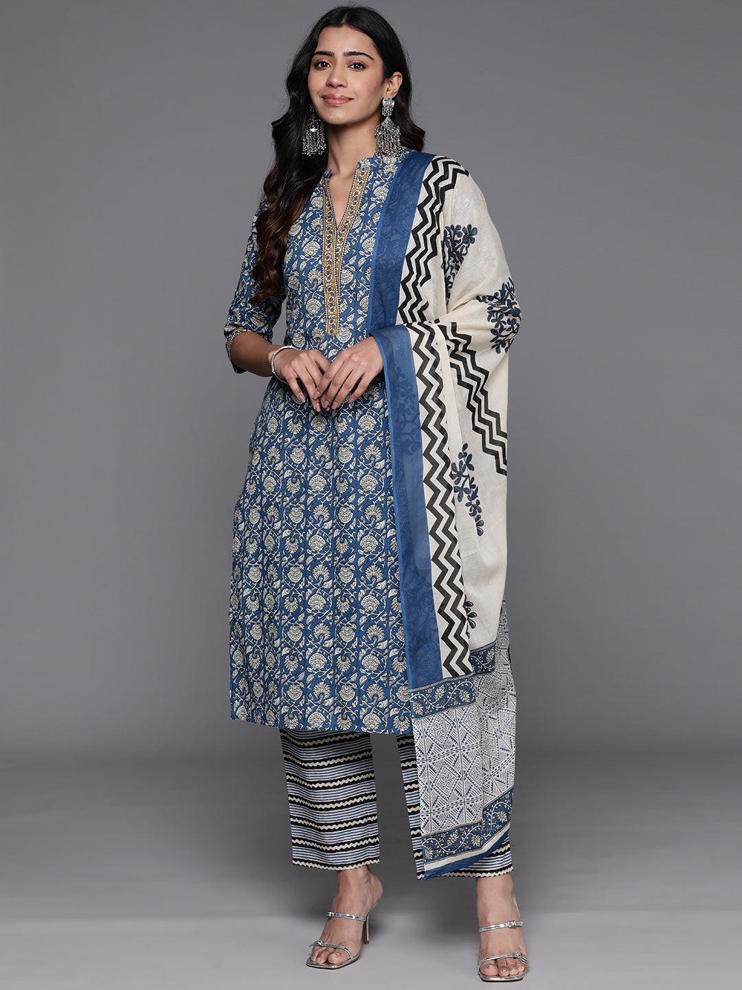 Blue Printed Cotton Straight Kurta With Trousers & Dupatta - Libas 