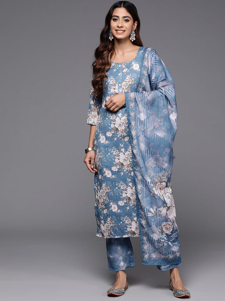 Blue Printed Cotton Straight Kurta With Trousers & Dupatta - Libas