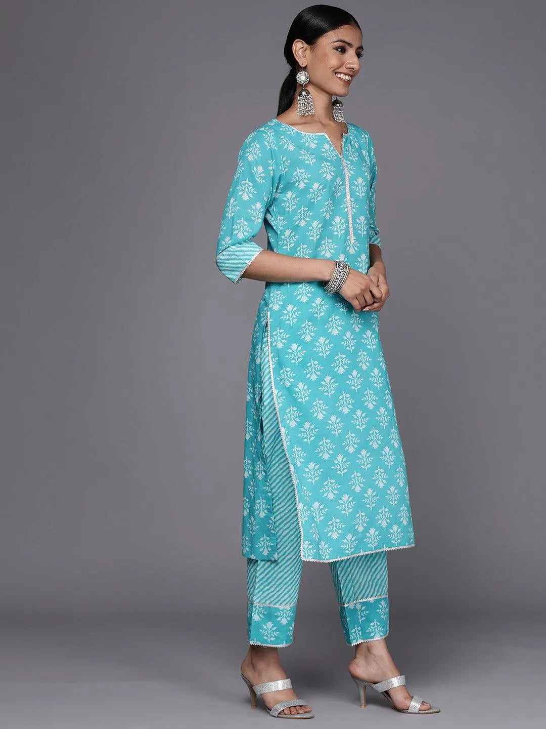 Blue Printed Cotton Straight Suit Set - Libas 