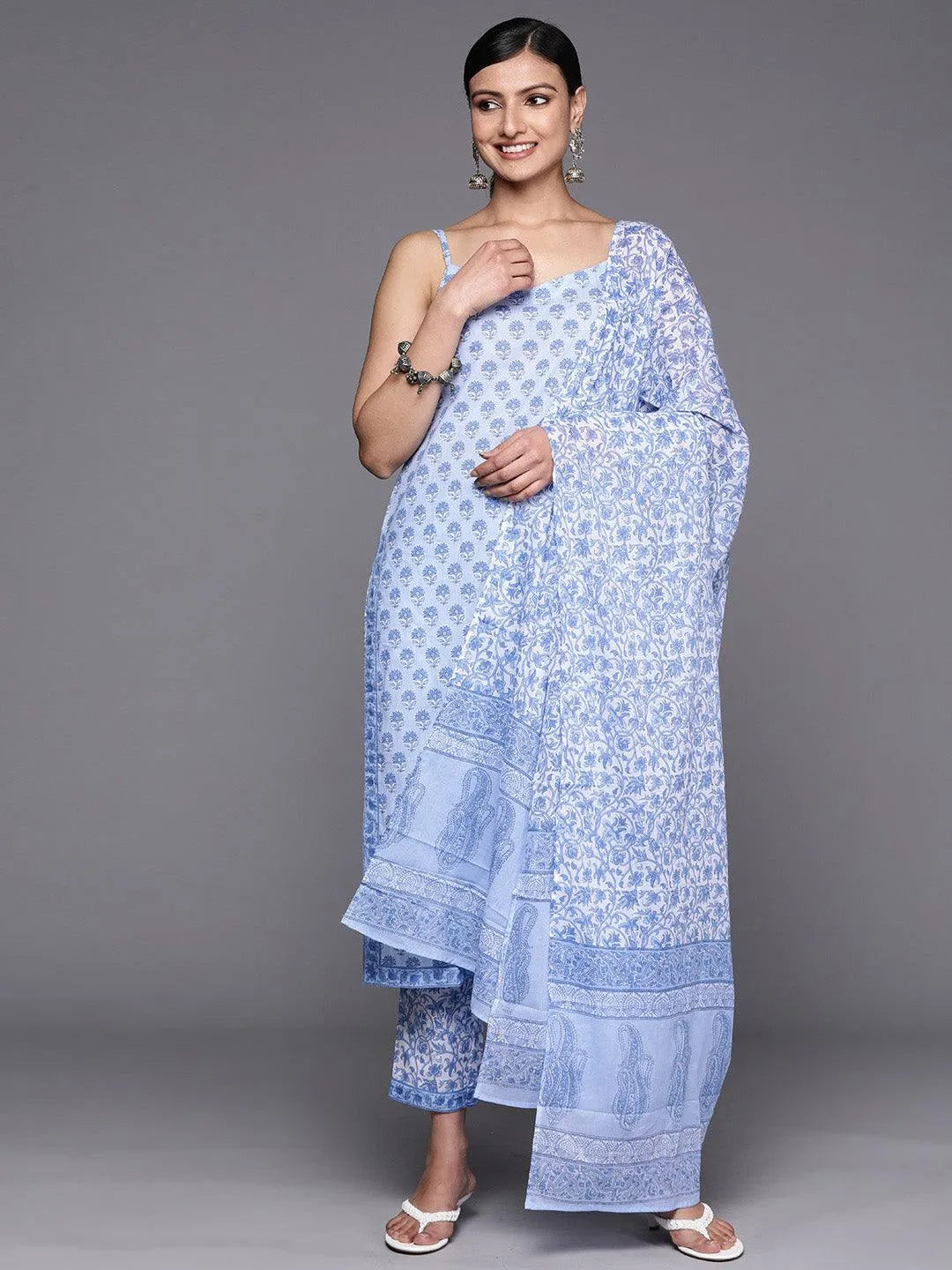 Blue Printed Cotton Straight Suit Set With Trousers - Libas 