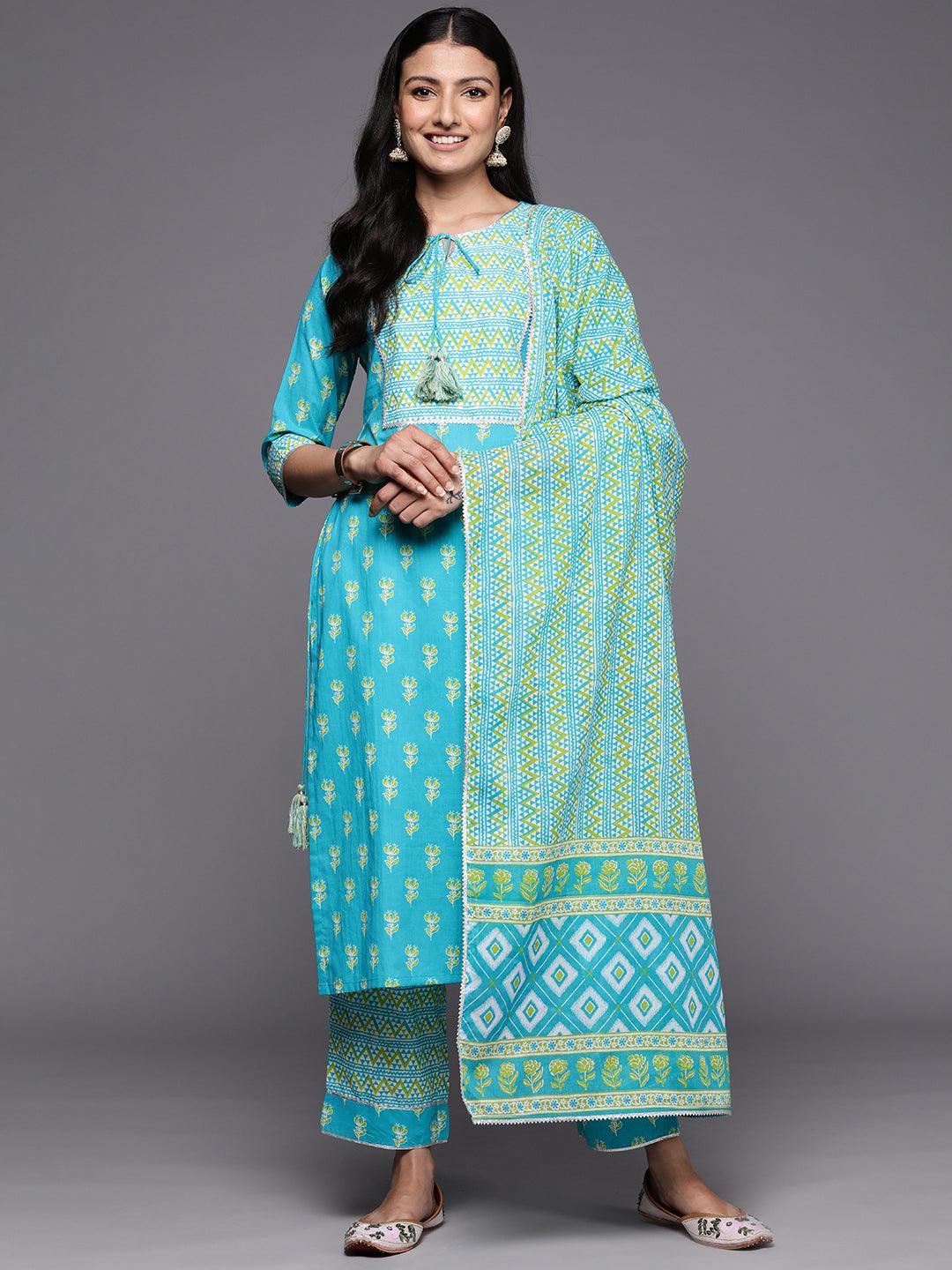 Blue Printed Cotton Straight Suit Set With Trousers - Libas 