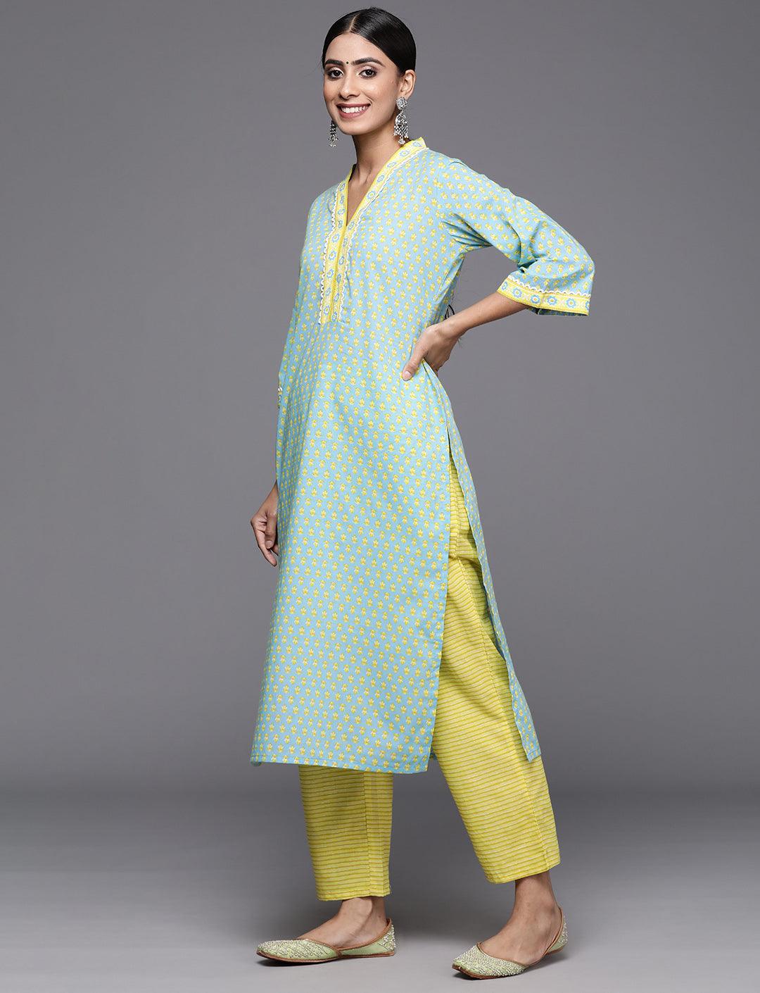 Blue Printed Cotton Straight Kurta With Trousers & Dupatta - Libas