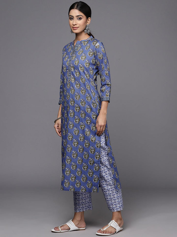 Blue Printed Cotton Straight Kurta With Trousers & Dupatta - Libas