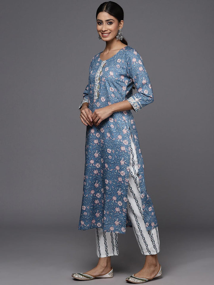 Blue Printed Cotton Straight Kurta With Trousers & Dupatta - Libas