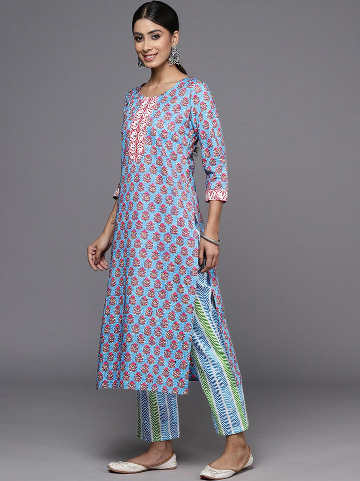 Blue Printed Cotton Straight Kurta With Trousers & Dupatta - Libas