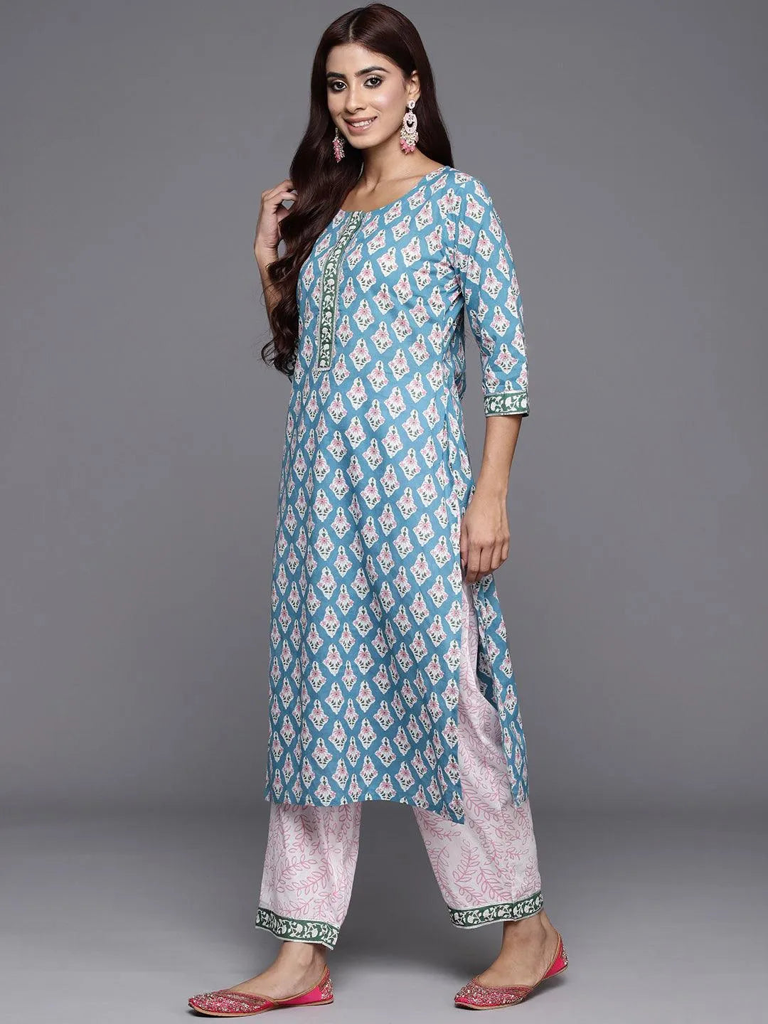 Blue Printed Cotton Straight Kurta With Trousers & Dupatta - Libas 