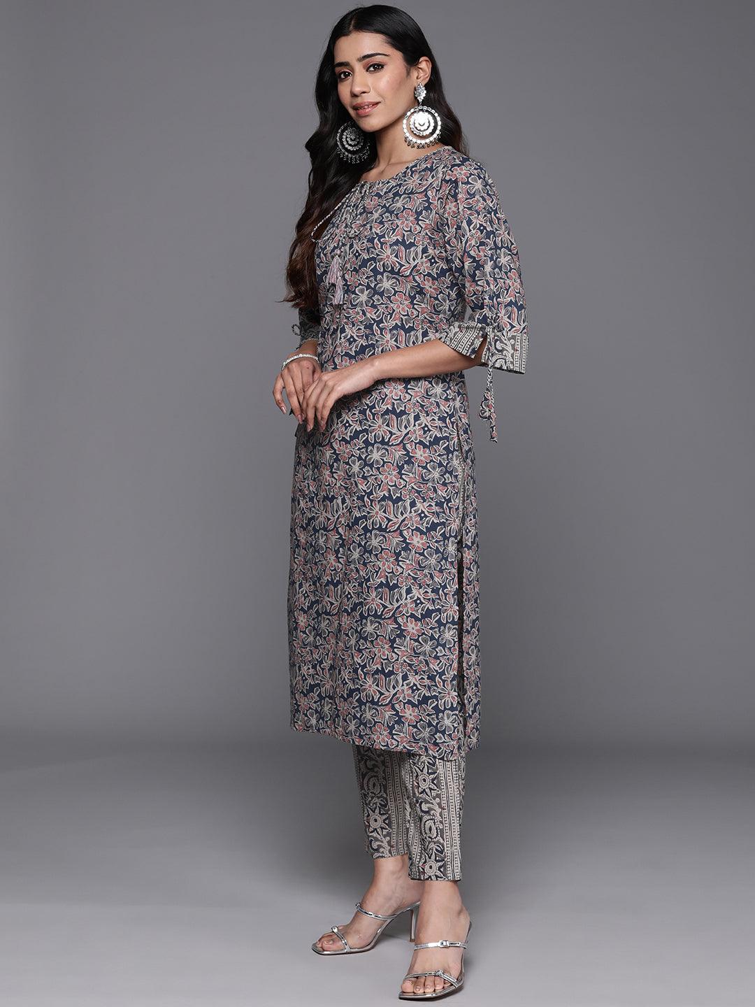 Blue Printed Cotton Straight Suit With Dupatta - Libas