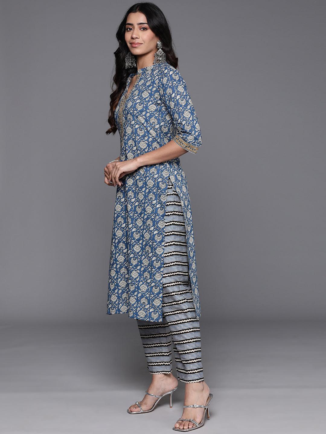 Blue Printed Cotton Straight Kurta With Trousers & Dupatta - Libas 