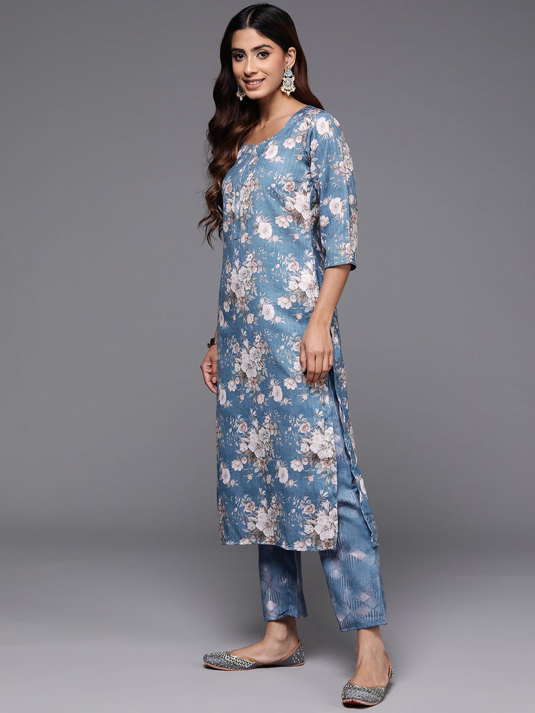 Blue Printed Cotton Straight Kurta With Trousers & Dupatta - Libas