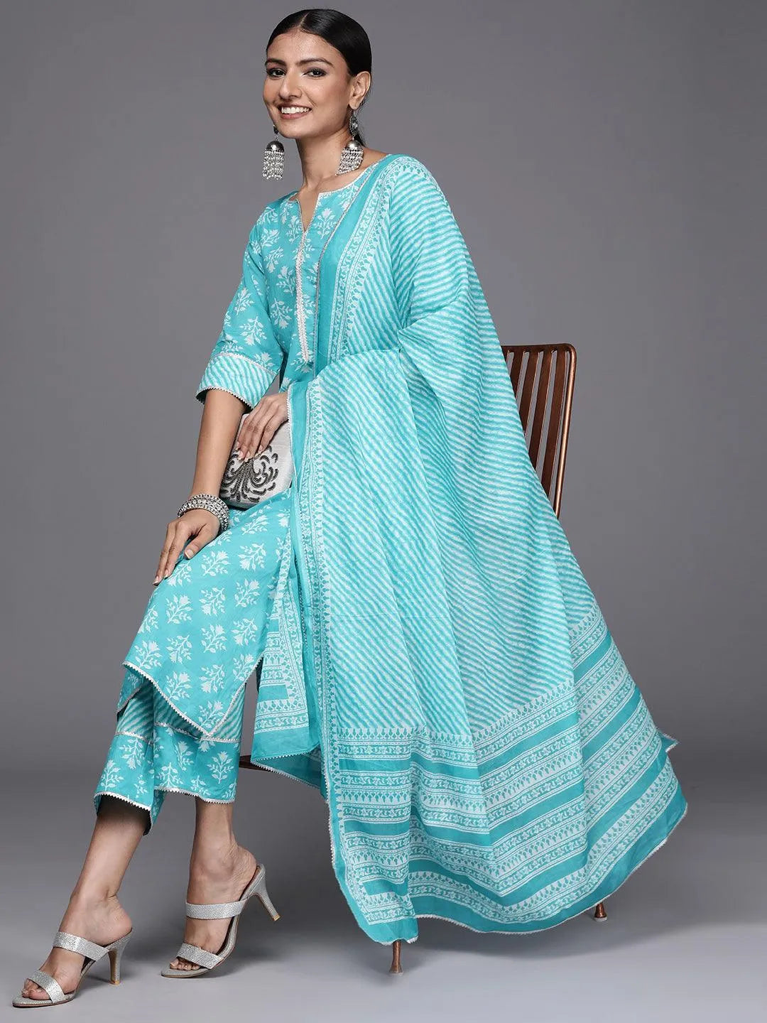 Blue Printed Cotton Straight Suit Set - Libas