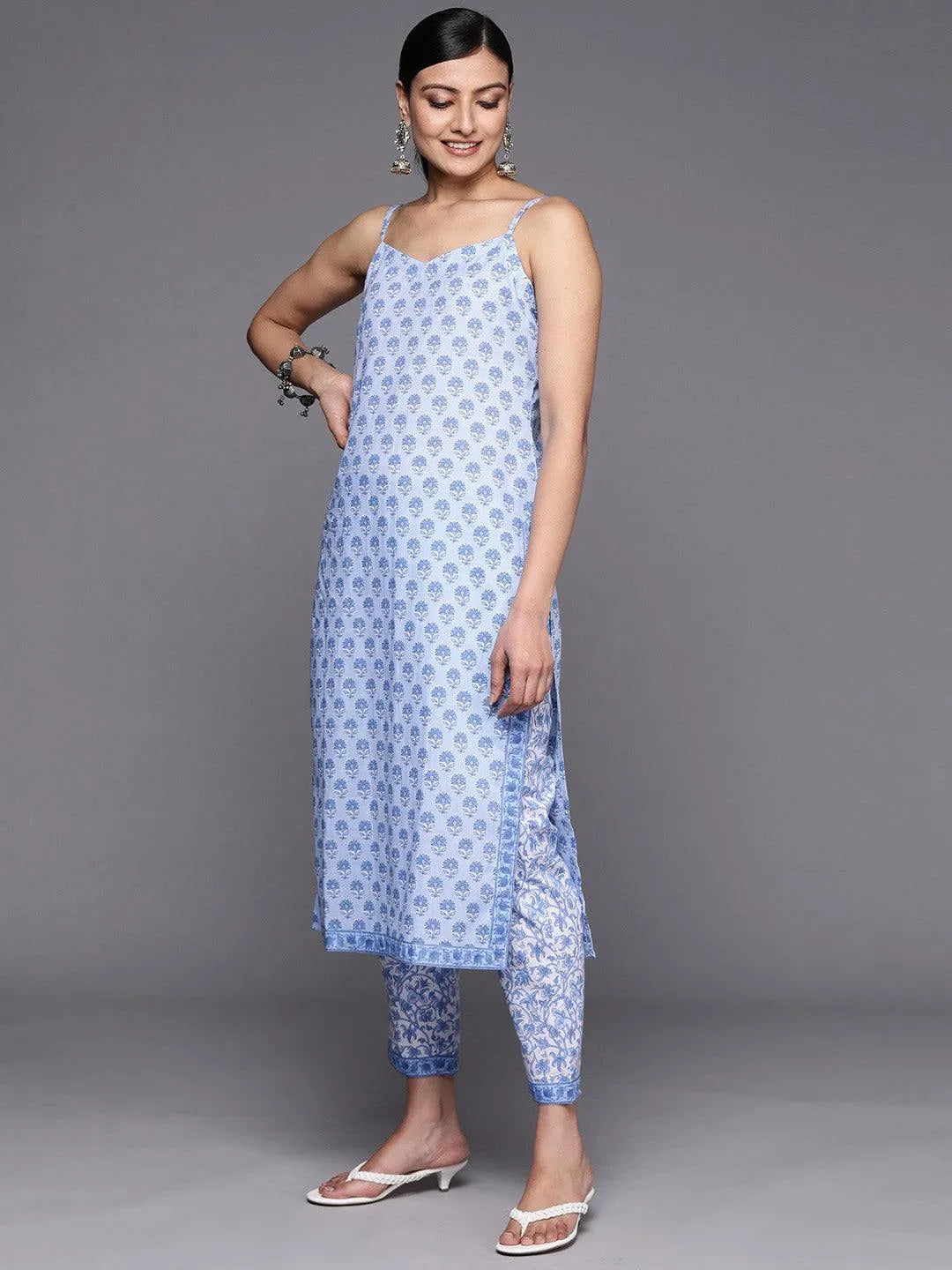 Blue Printed Cotton Straight Suit Set With Trousers - Libas 