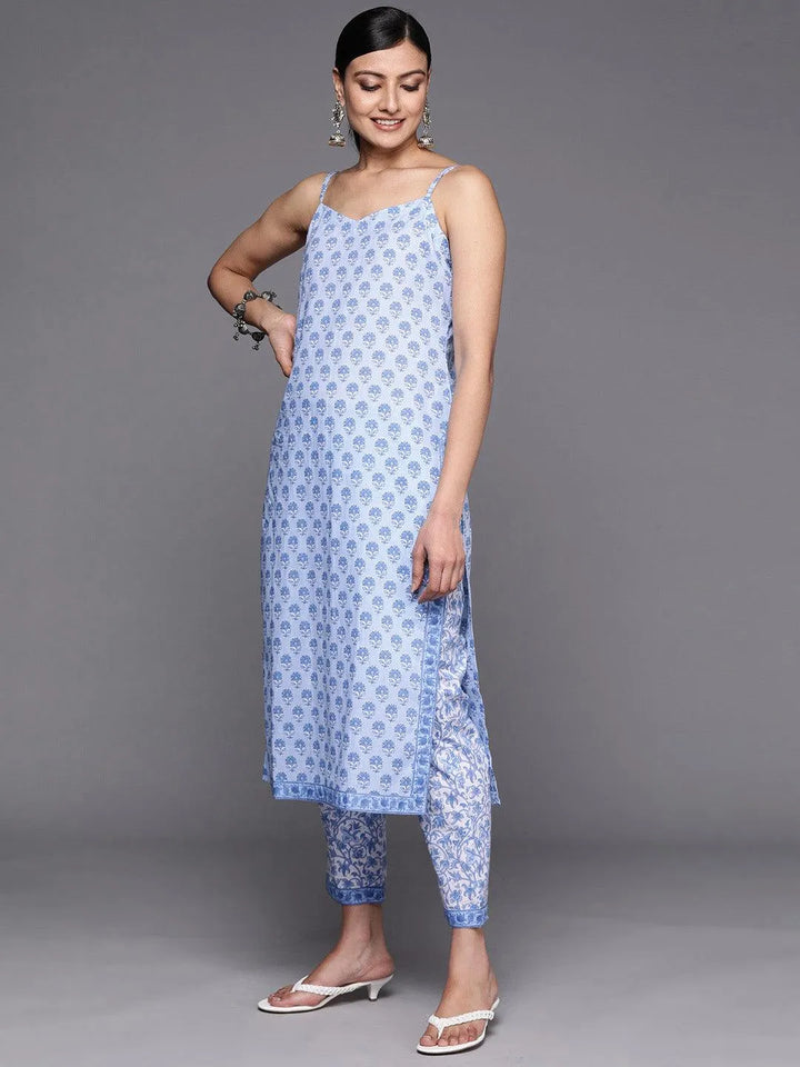 Blue Printed Cotton Straight Suit Set With Trousers - Libas