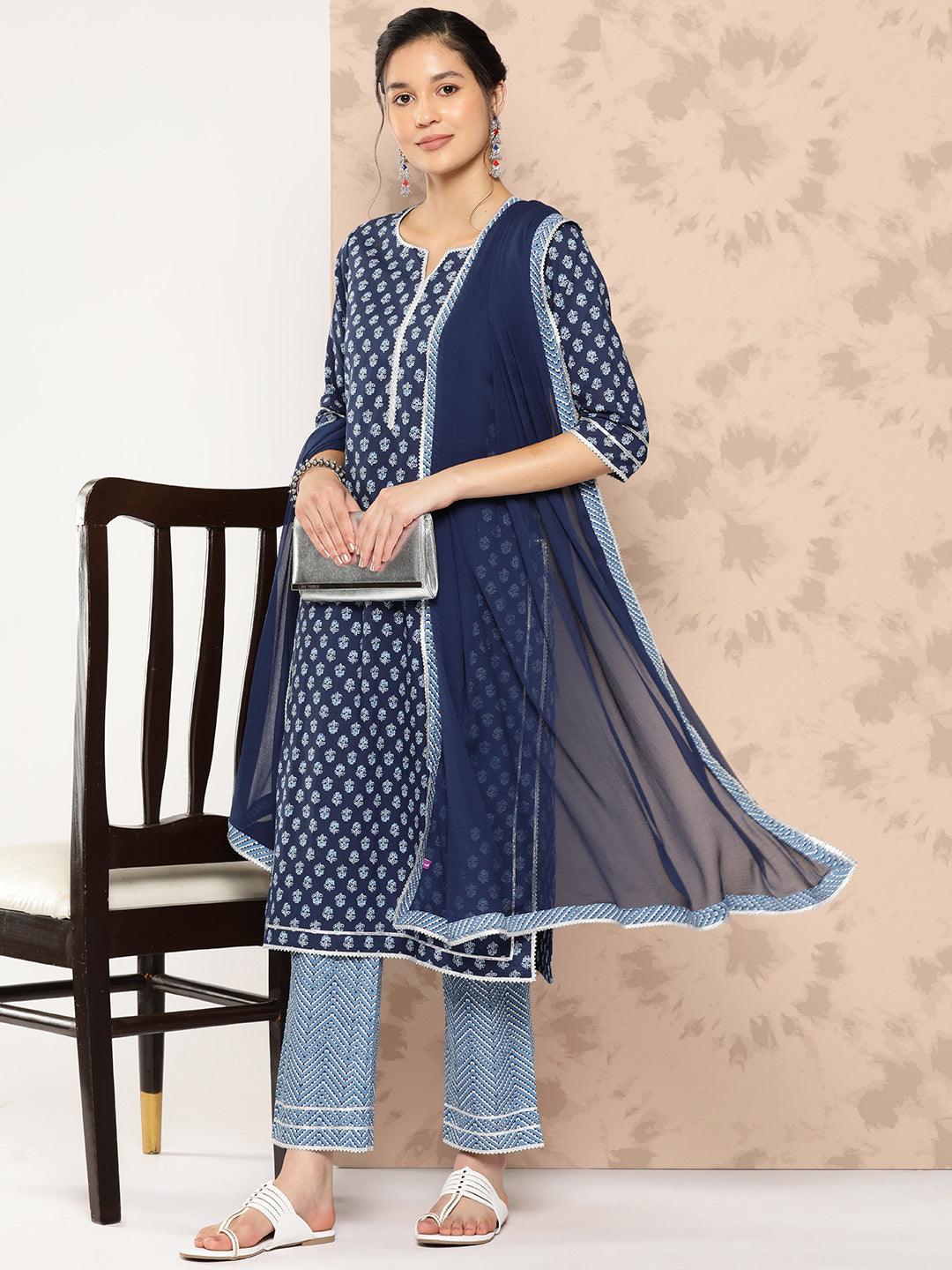 Blue Printed Cotton Straight Kurta With Trousers and Dupatta - Libas