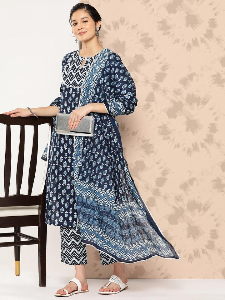 Blue Printed Cotton Straight Kurta With Trousers and Dupatta - Libas