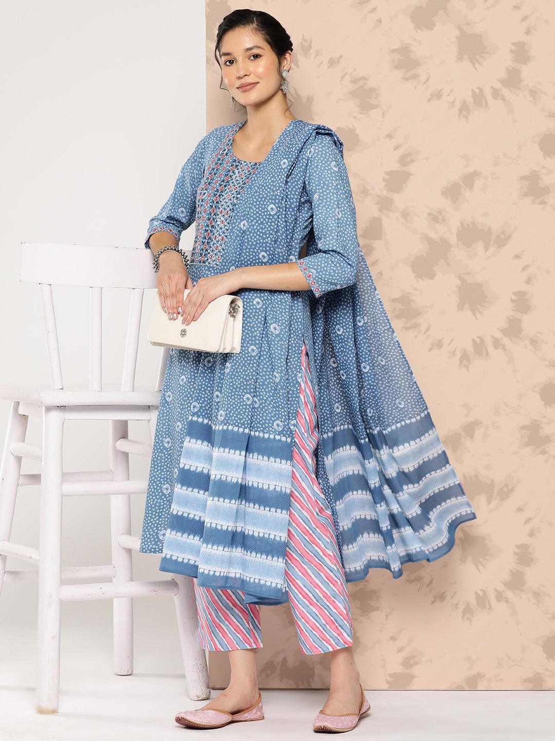 Blue Printed Cotton Straight Kurta With Trousers and Dupatta - Libas