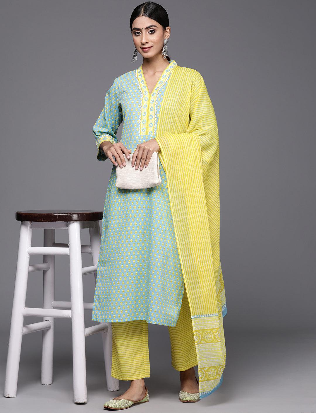 Blue Printed Cotton Straight Kurta With Trousers & Dupatta - Libas