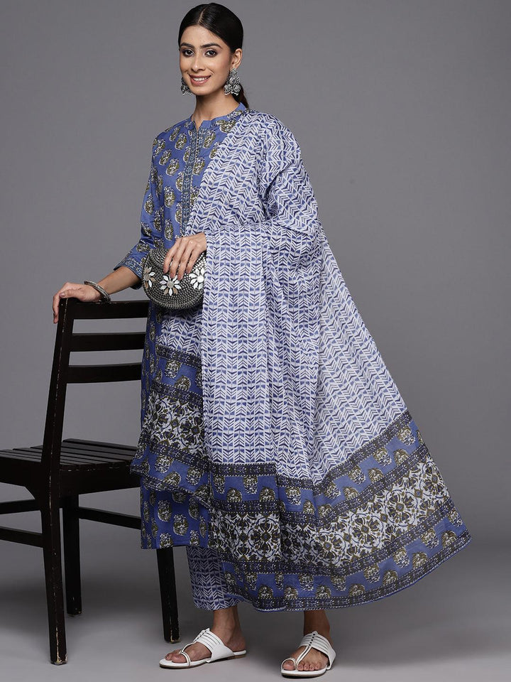 Blue Printed Cotton Straight Kurta With Trousers & Dupatta - Libas