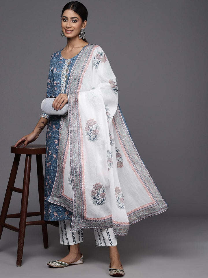 Blue Printed Cotton Straight Kurta With Trousers & Dupatta - Libas