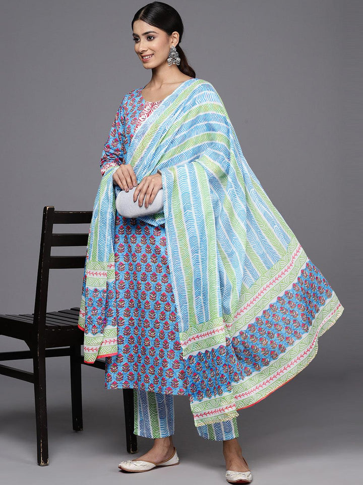 Blue Printed Cotton Straight Kurta With Trousers & Dupatta - Libas